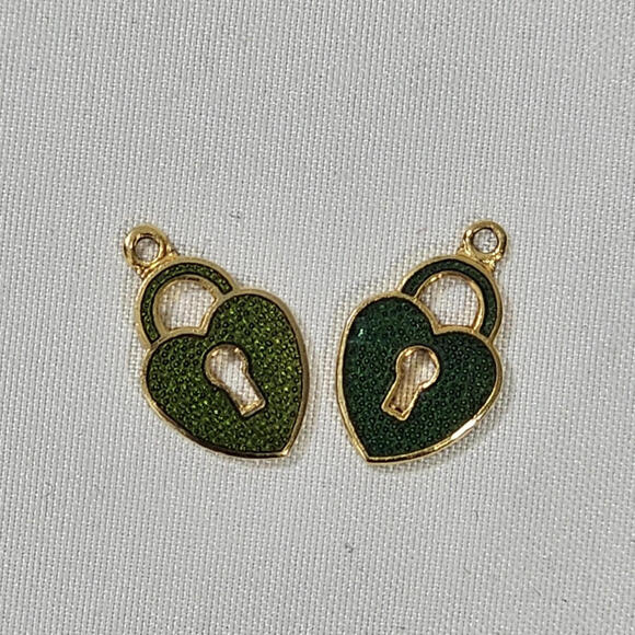 Jewelry - Vintage Enamel Over Gold Tone Pair Of Green Heart Lock Charms Small 1/2 Inch